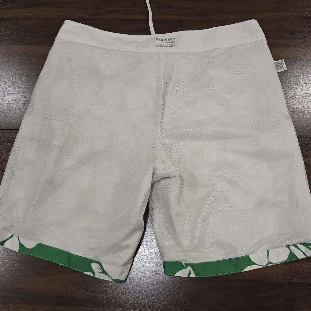 Old Navy Mens L Board Shorts Green White Floral Hawaiian Print Drawstring Swim